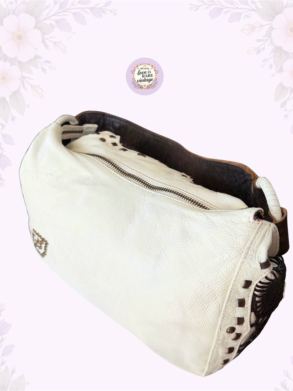 Vintage Western Betsey Johnson Leather Shoulder Bag • Y2K White & Brown Hobo - Picture 7 of 13